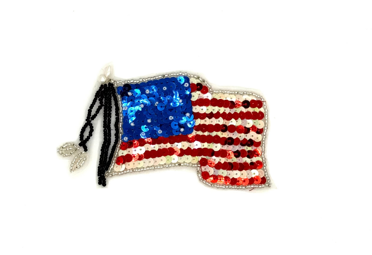 American Flag Appliqué - Red/White/Blue Sequins - White/Silver/White Glass Beads - Pearls 4" x 3"
