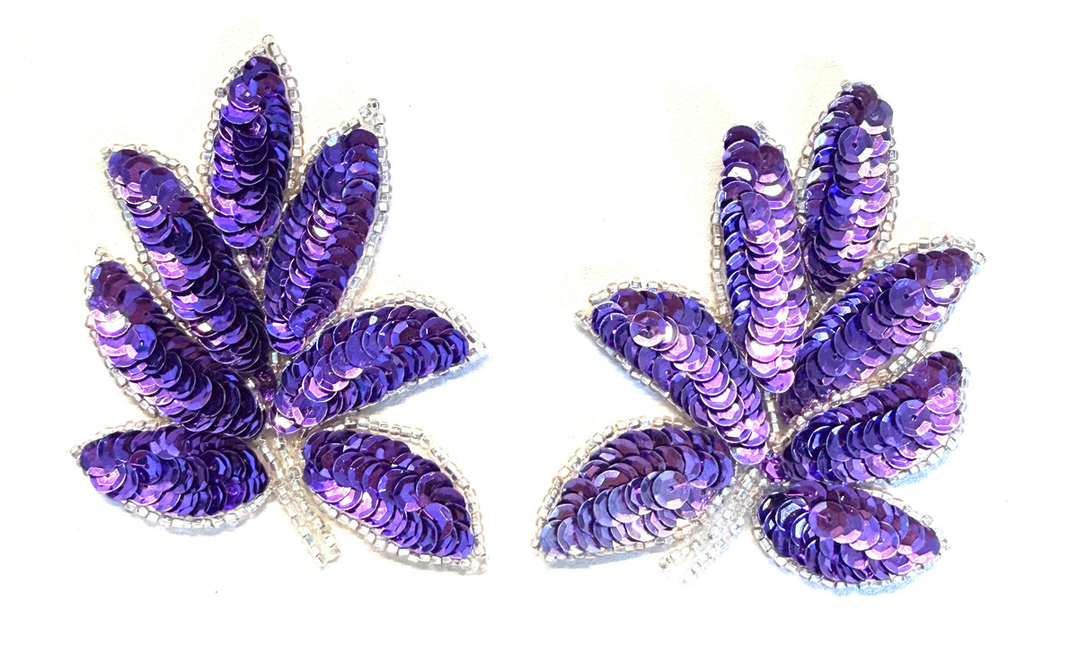 Purple Sequin & Glass Bead Leaf Appliqué Pair – 4" x 3"