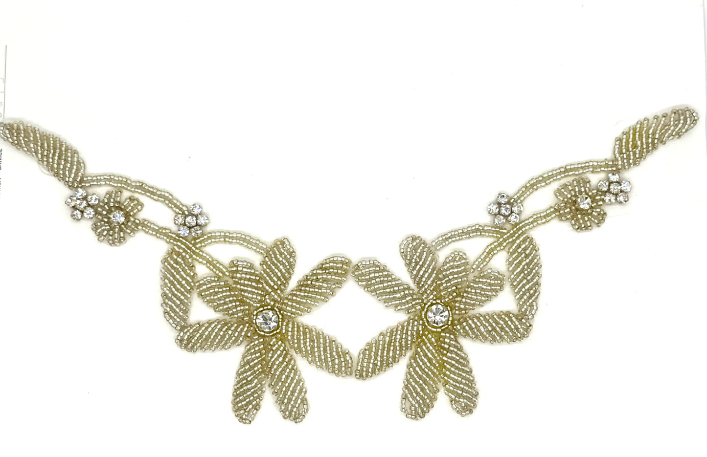 Designer Motif Flower Neckpiece - Silver Beaded - Clear Rhinestone 11.5”x 3”