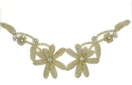 Designer Motif Flower Neckpiece - Silver Beaded - Clear Rhinestone 11.5”x 3”