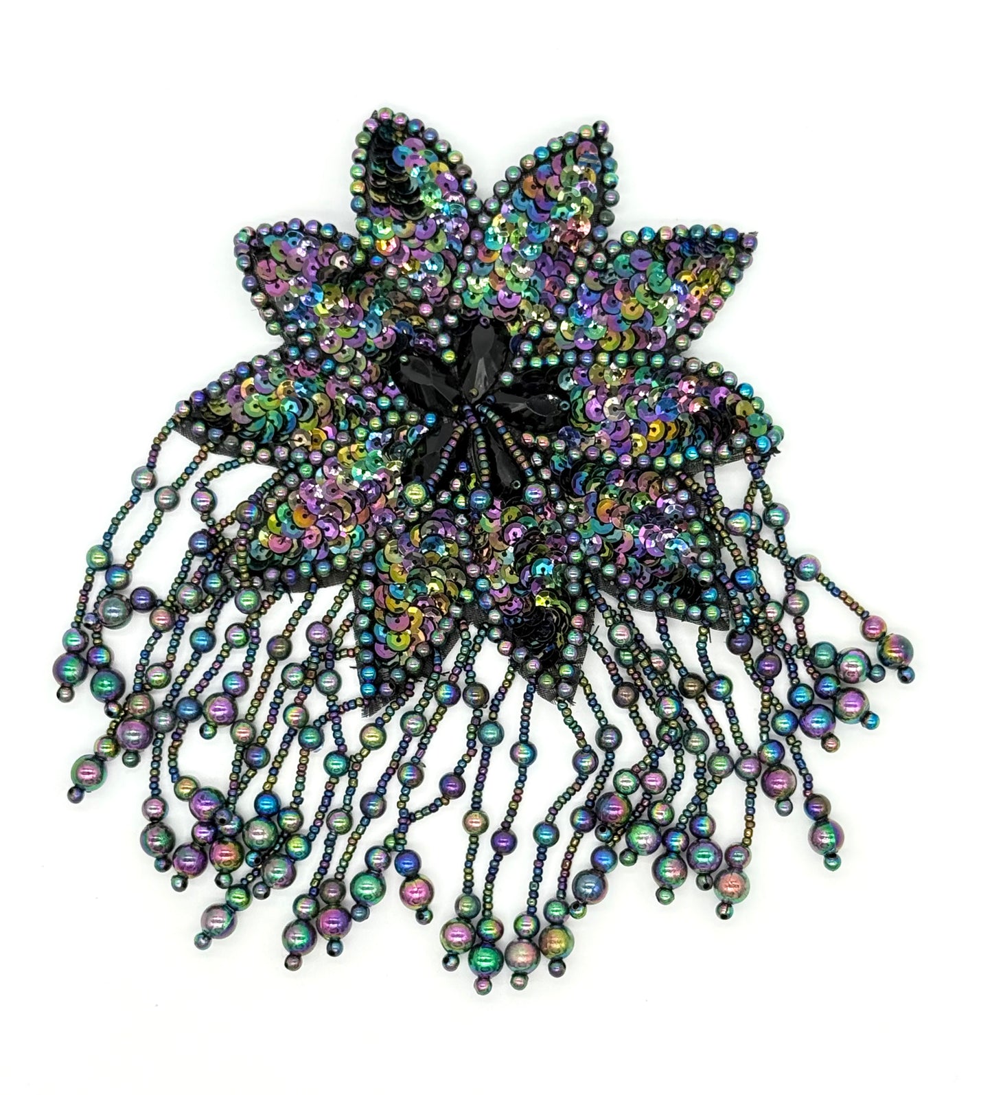 Flor para charretera - Lentejuelas/Cuentas Moonlight - Pedrería negra en forma de lágrima 20,32 x 13,97 cm