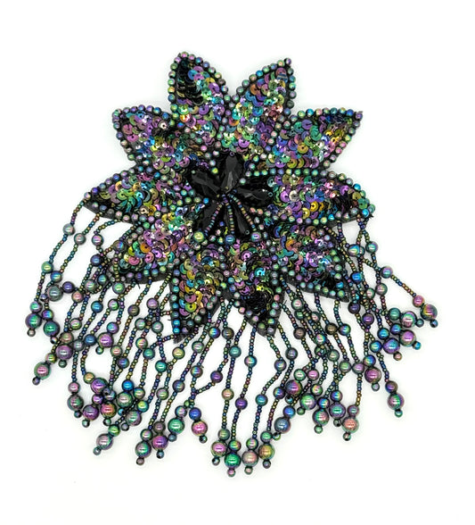 Flor para charretera - Lentejuelas/Cuentas Moonlight - Pedrería negra en forma de lágrima 20,32 x 13,97 cm
