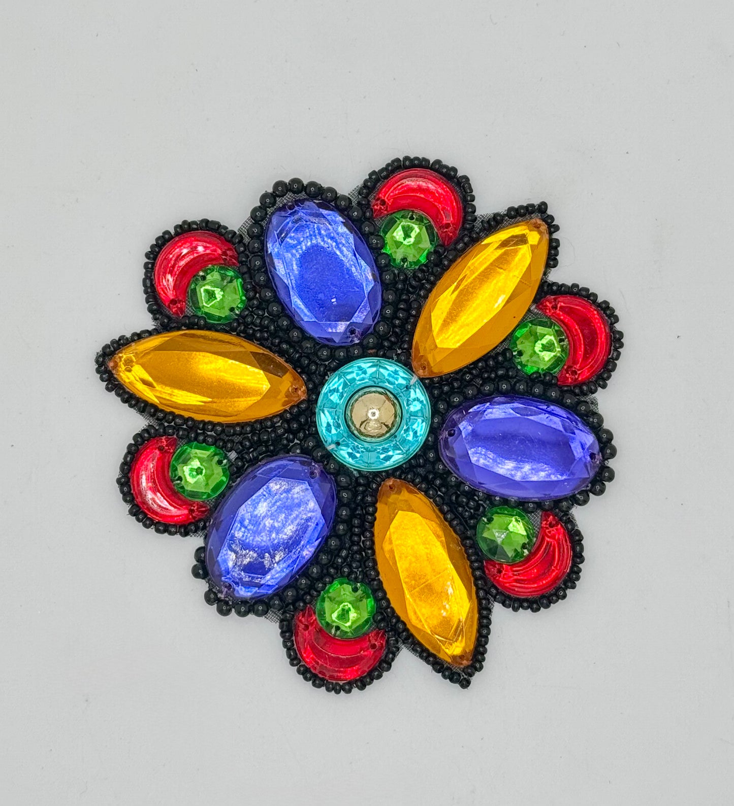 Designer Motif with Multicolored Stones and Black Beads - Silver and Turquoise Center 4"