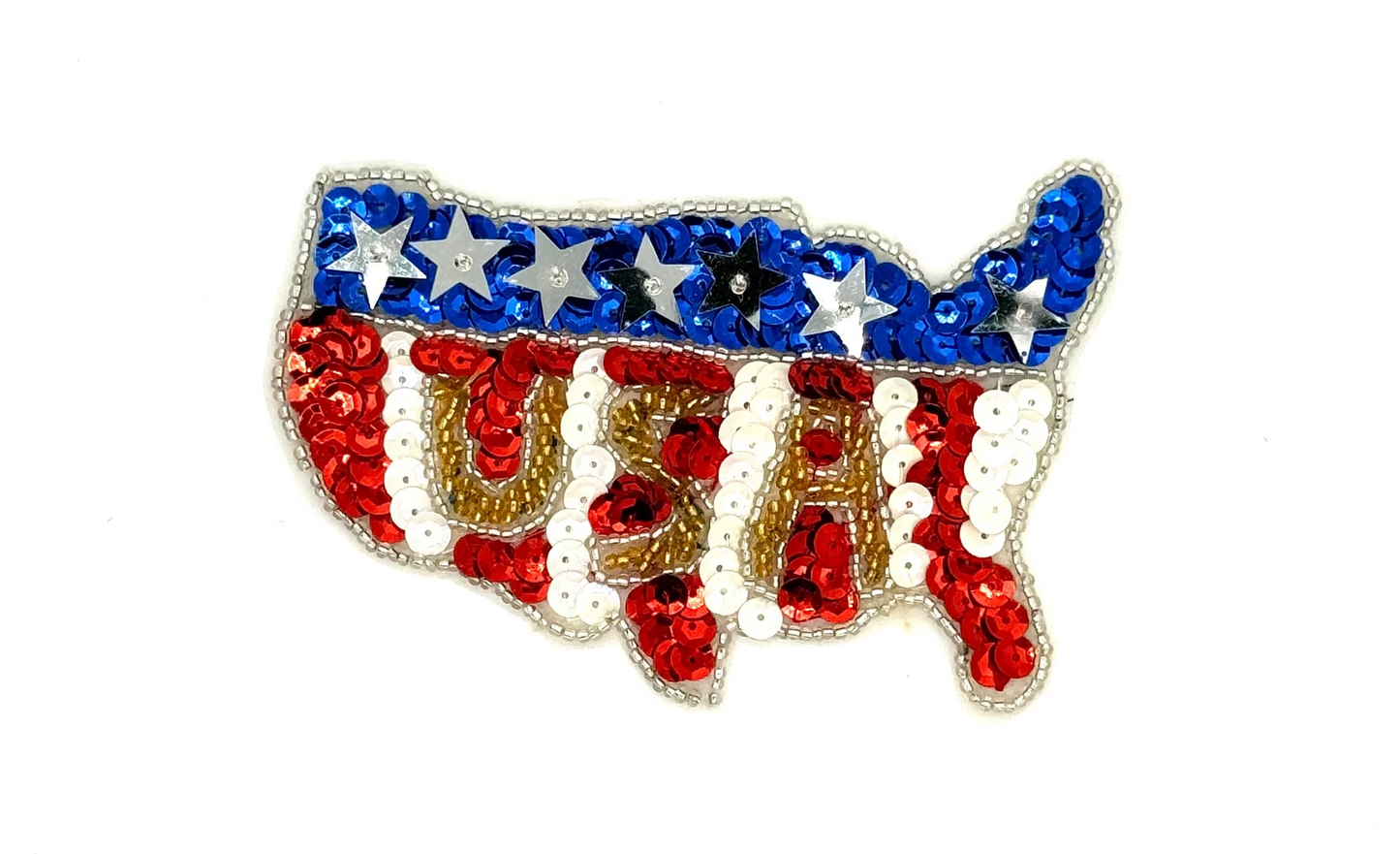 America Flag Appliqué in the Shape of USA Map - Red/White/Blue Sequins - Silver Glass Beads - Choice of Size  5" x 3" or 4” x 3”