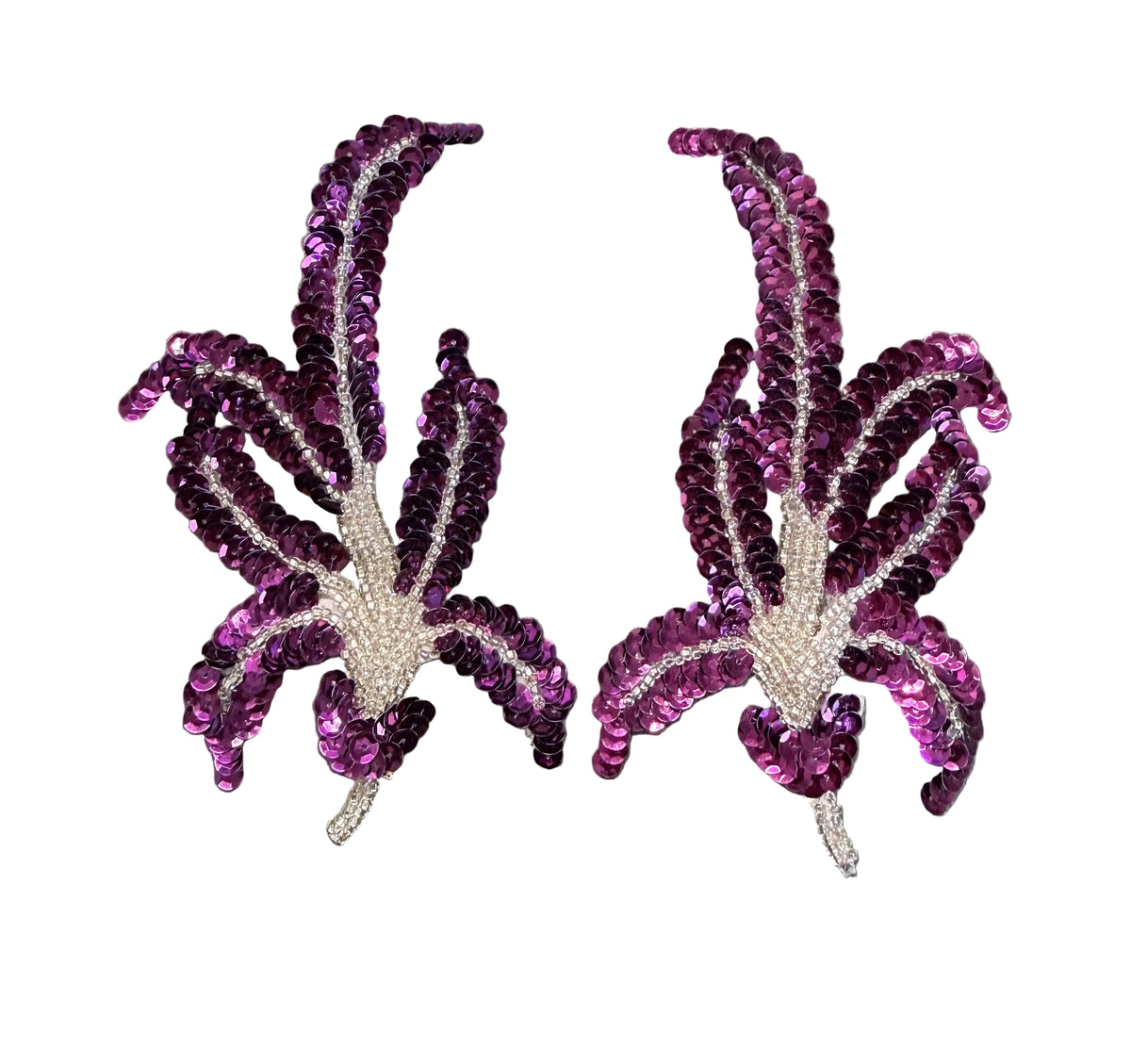 Maroon Sequin Leaf Appliqué – Pair or Single – Silver Glass Beads 6.25" x 3.25"
