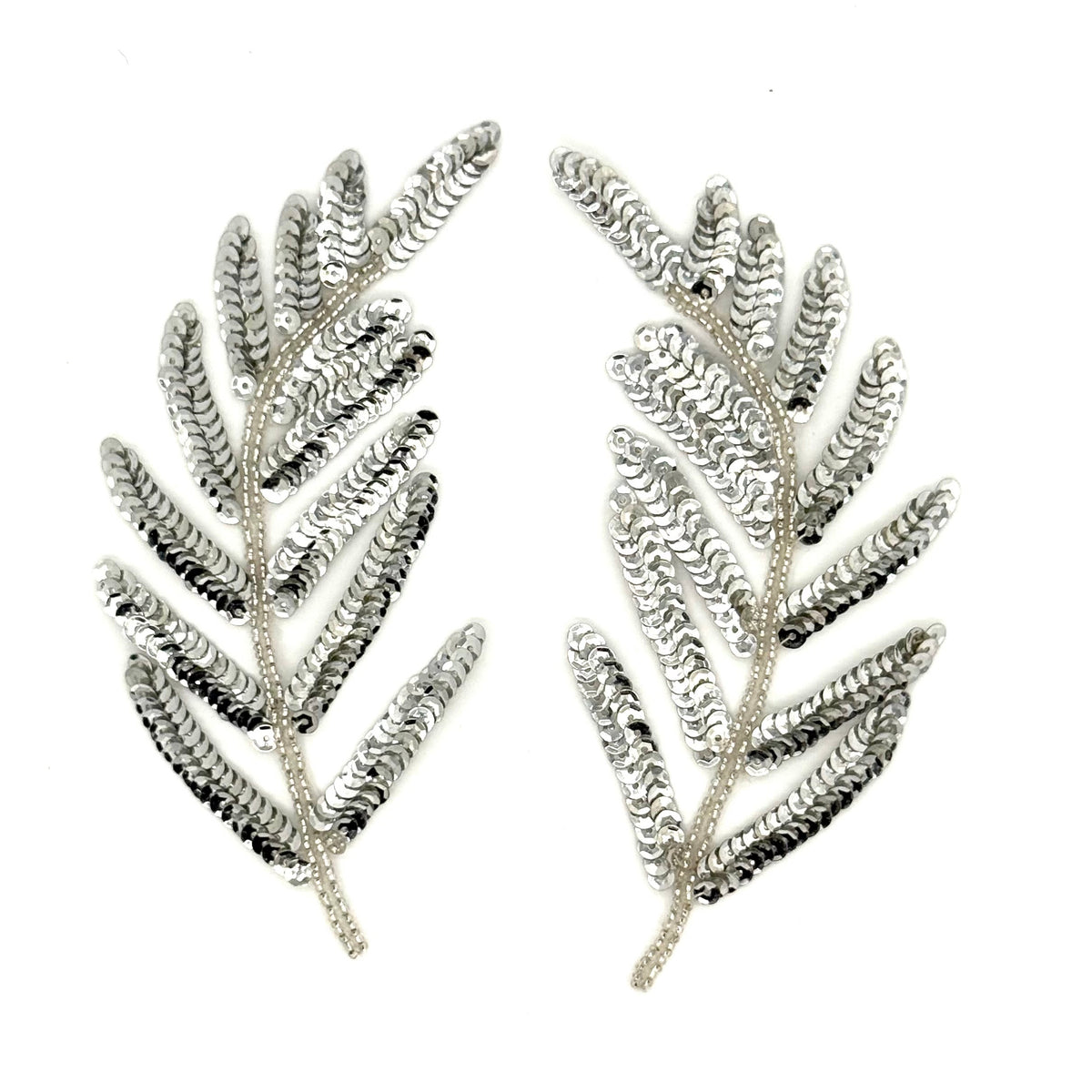 Leaf Pair Appliqué - Color Choice Sequins - Silver Beads 6" x 3"