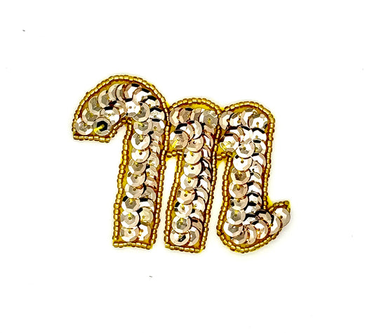 2.25” Letter M Appliqué - Gold Sequins/Beads