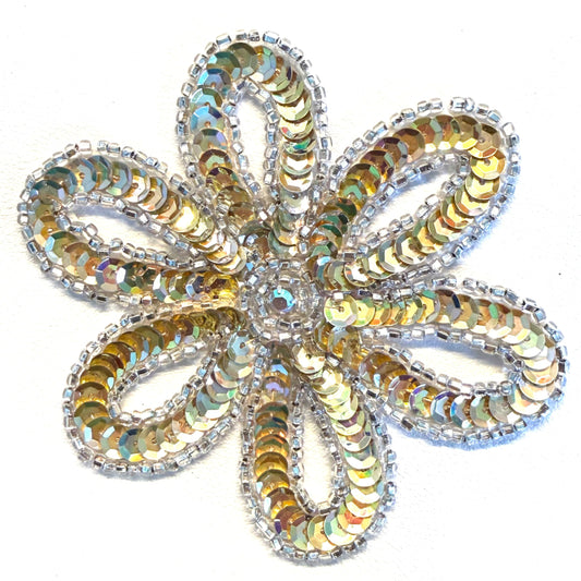 Gold Sequin Flower Appliqué with Silver Beads, 3.5"