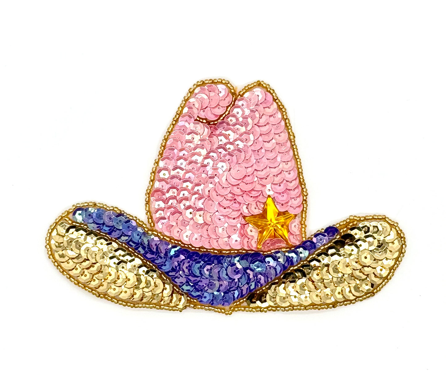 Sombrero de vaquero - Lentejuelas rosas y moradas - Cuentas doradas - Estrella dorada 15 cm x 10 cm