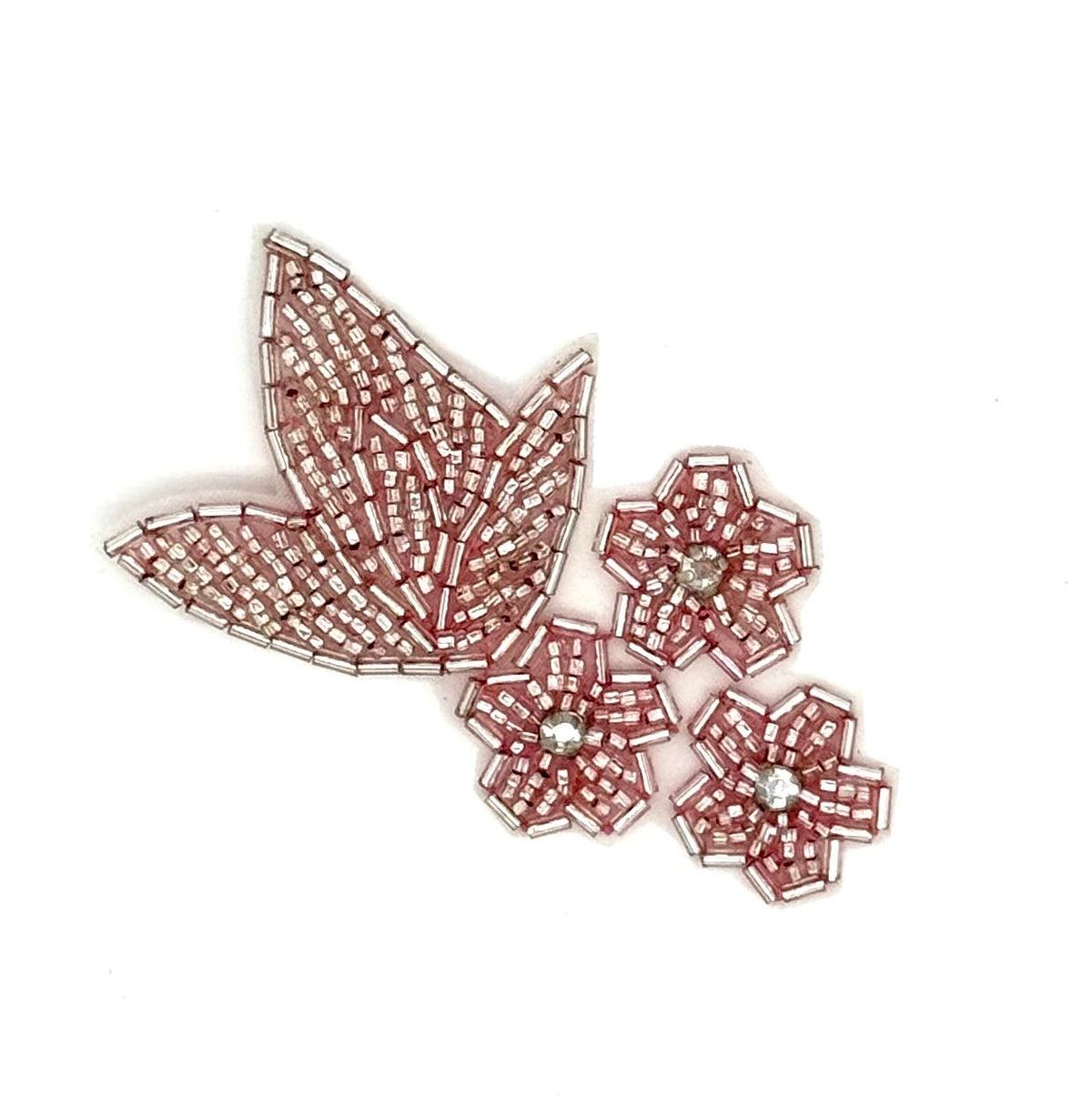 Flor tres con cuentas rosas y tres diamantes de imitación de 3.5" x 2"