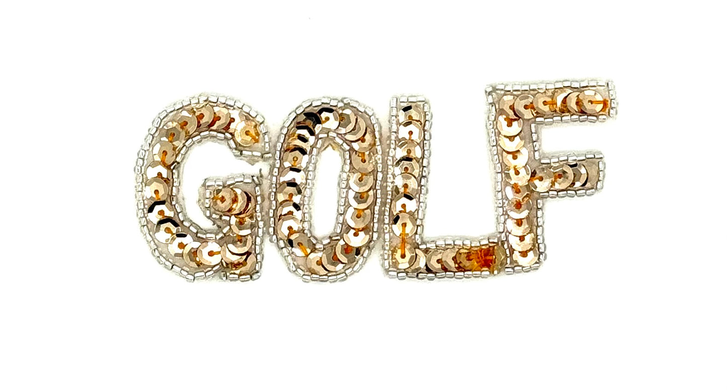 "Golf" Word Appliqué - Gold Sequins - Silver Glass Beads 4" x 1.5"