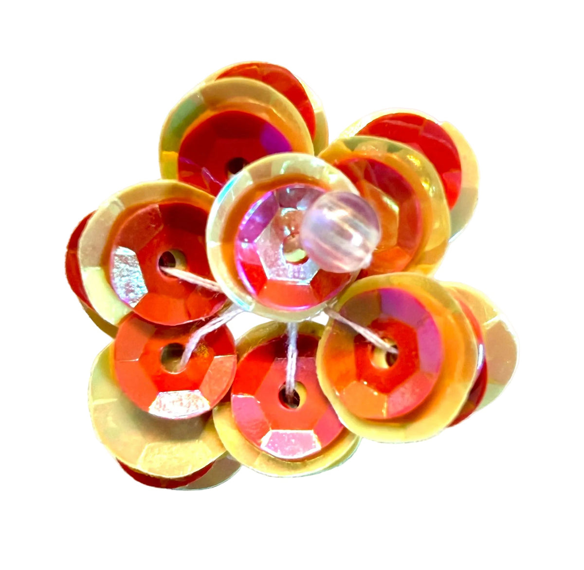 Flower Appliqué – Orange & Yellow Iridescent Sequins, Crystal Bead Center | 1"
