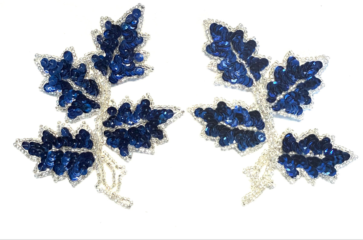 Navy Sequin Leaf Appliqué Pair with Silver Glass Beads, 5" x 4"