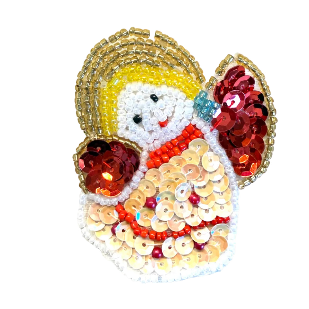 Red and Beige Sequin Christmas Angel Appliqué with Glass Beads, Choice of Size