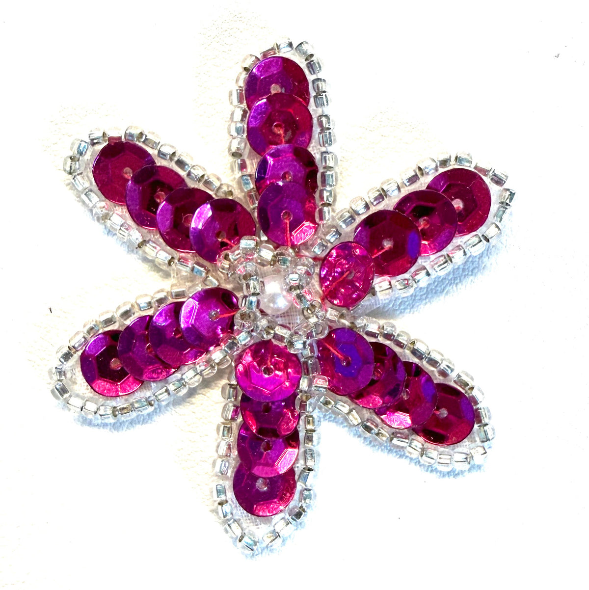 Flower Appliqué – Fuchsia Sequins, Silver Beads & Pearl Center | 2"
