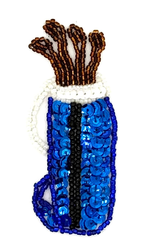 Golf Bag and Clubs - Blue/White Sequins - Glass Beads 3.5" x 1.5"