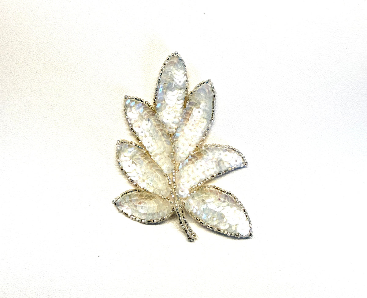 Leaf Pair Applique - Iridescent Sequin & Silver Beads 4" x 3.25"