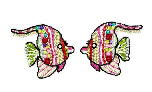 Fish Appliqué - Pair or Single - Lime Green/Red Sequins - Multicolored Beads -Gems 6.5" x 5.5 "