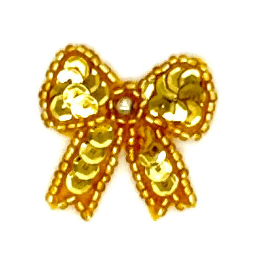 Gold Sequin Bow Applique with Glass Beads & Pearl Bead Center – 1.25"