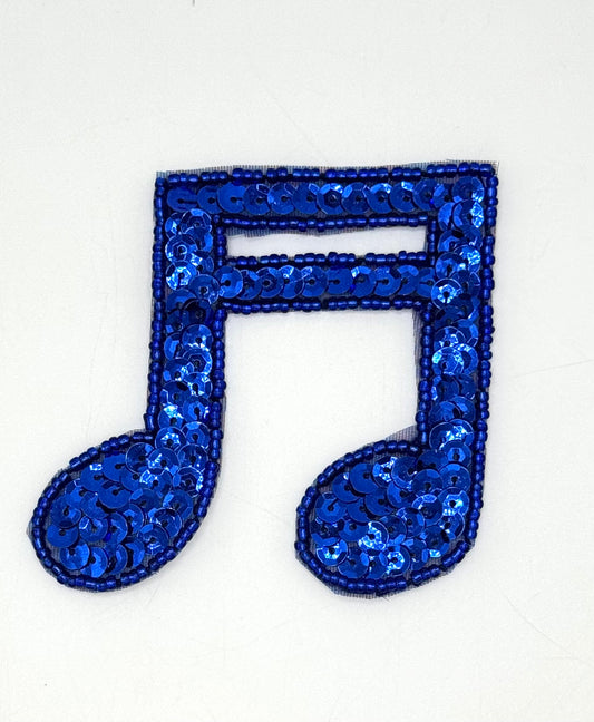 Double Musical Note Appliqué with Royal Blue in Flat or Cupped Sequins 2.75" x 2.75"