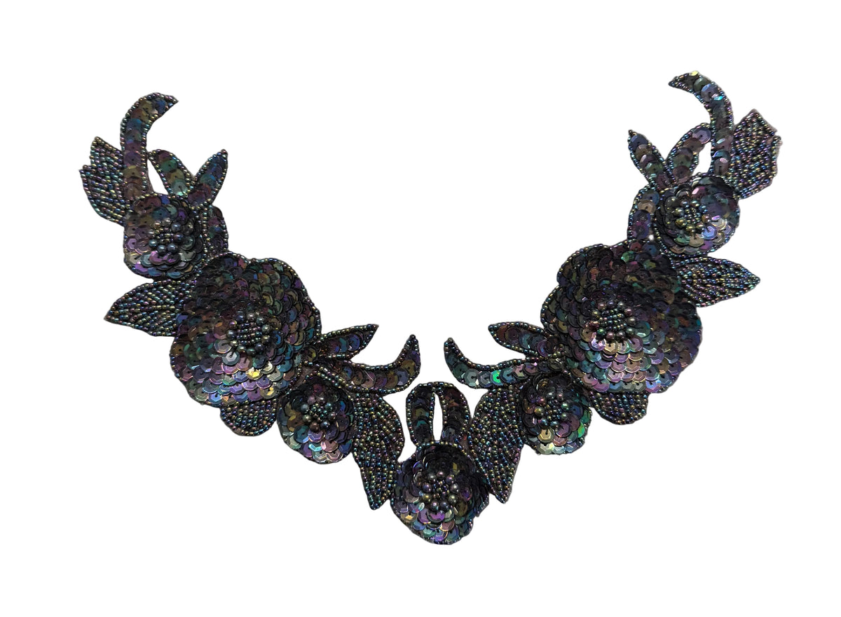Collar con motivo floral de diseñador - Lentejuelas de bronce oscuro - Cuentas Moonlight 30.5 x 15.2 cm
