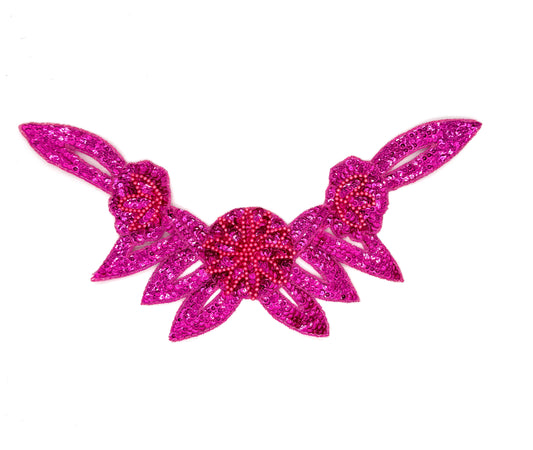Designer Motif Flower Neckpiece - Fuchsia Sequins - Pink Beads 16" x 7.5"