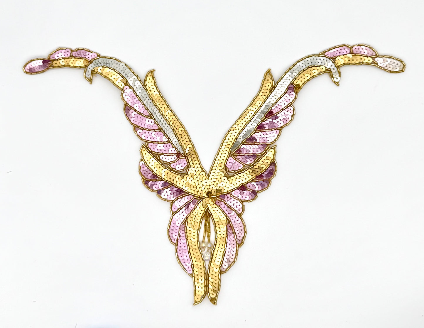 Collarín de diseño con lentejuelas rosas, plateadas y doradas, y cuentas doradas de 35,5 x 22,8 cm
