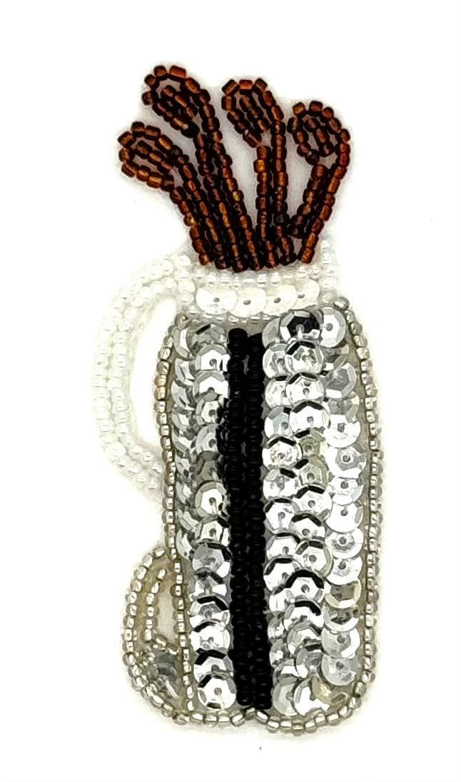 Golf Bag with Clubs - Silver/White Sequins - Glass Beads 3.5" x 1.5"