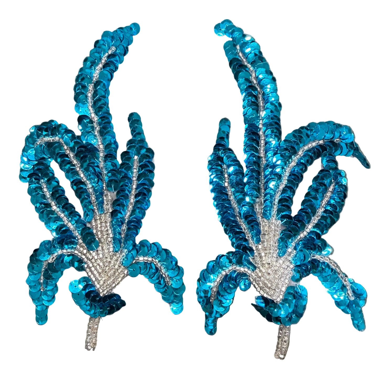Leaf Pair of Single Appliqué -Turquoise Sequins - Silver Glass Beads 6" x 3"