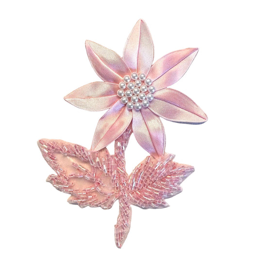 Pink Satin Flower Appliqué with Pearls & Beads, 4.5″ × 3″