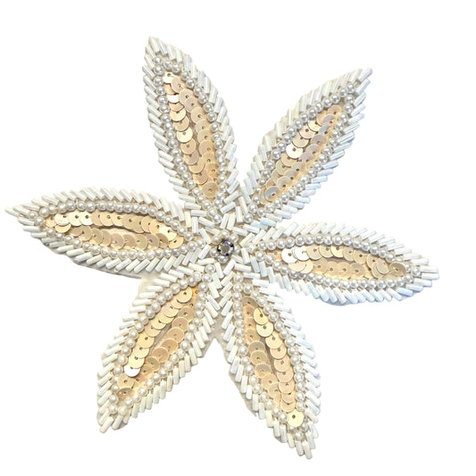 Beige Flower Sequin Appliqué with Pearls & AB Rhinestones - 5.5"