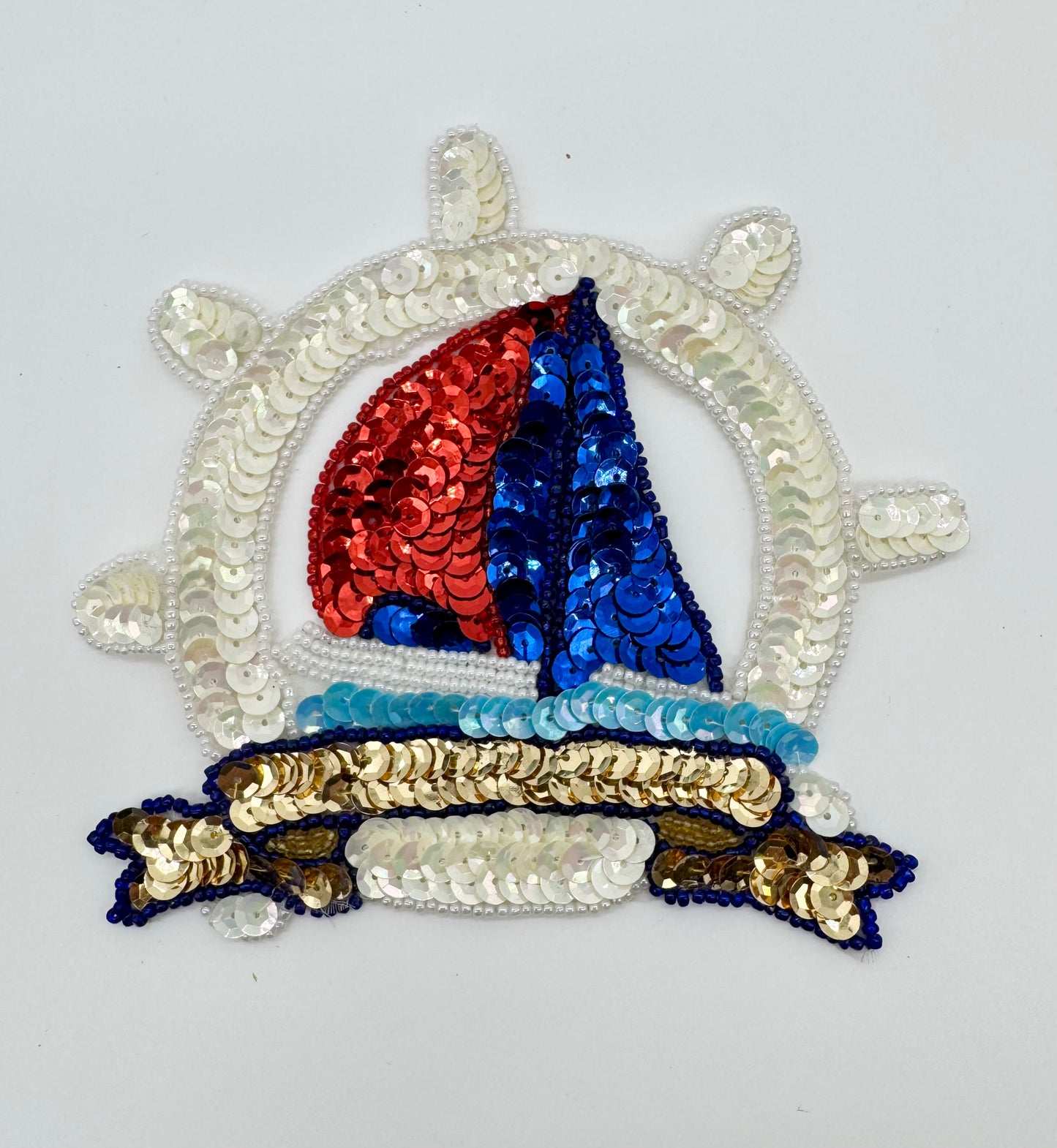 Ship’s Wheel with Sailboat - Choice of Two Multicolored Sequins/Beads - 6” x 5”