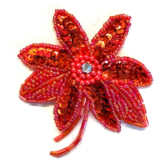 Red Sequin Flower Appliqué with Beads & Rhinestones, 3″ × 2.75″