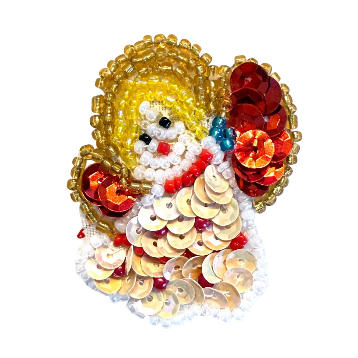 Red and Beige Sequin Christmas Angel Appliqué with Glass Beads, Choice of Size