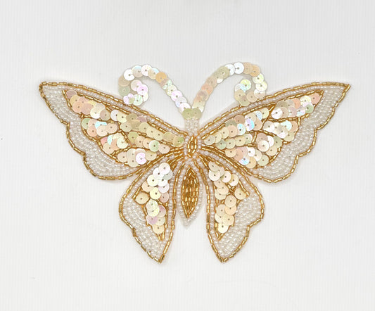 Butterfly with Iridescent Cream Sequins, Gold and White Beads and Pearls 6.75" x 4.25"