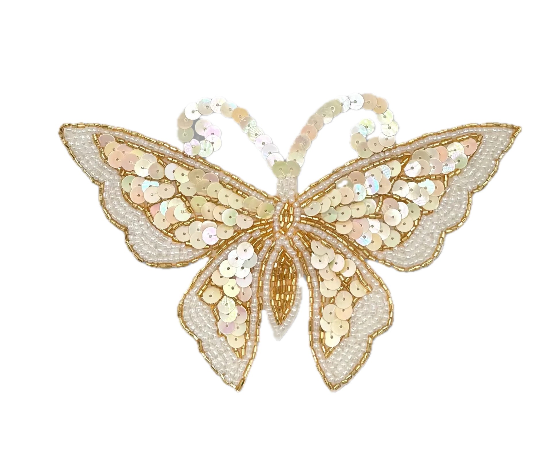 Butterfly-shaped decorative item with sequins on a white background