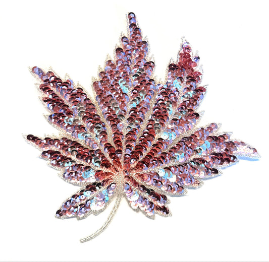 Pink & Silver Sequin Leaf Appliqué, 8"
