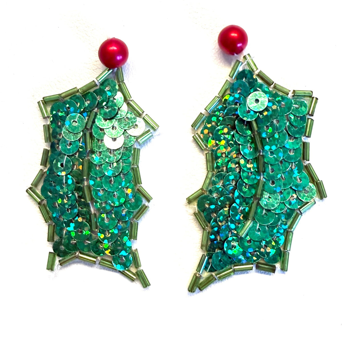 Holly Berry Leaf Sequin & Bead Appliqué Pair or Single - 2.75" x 1.5"