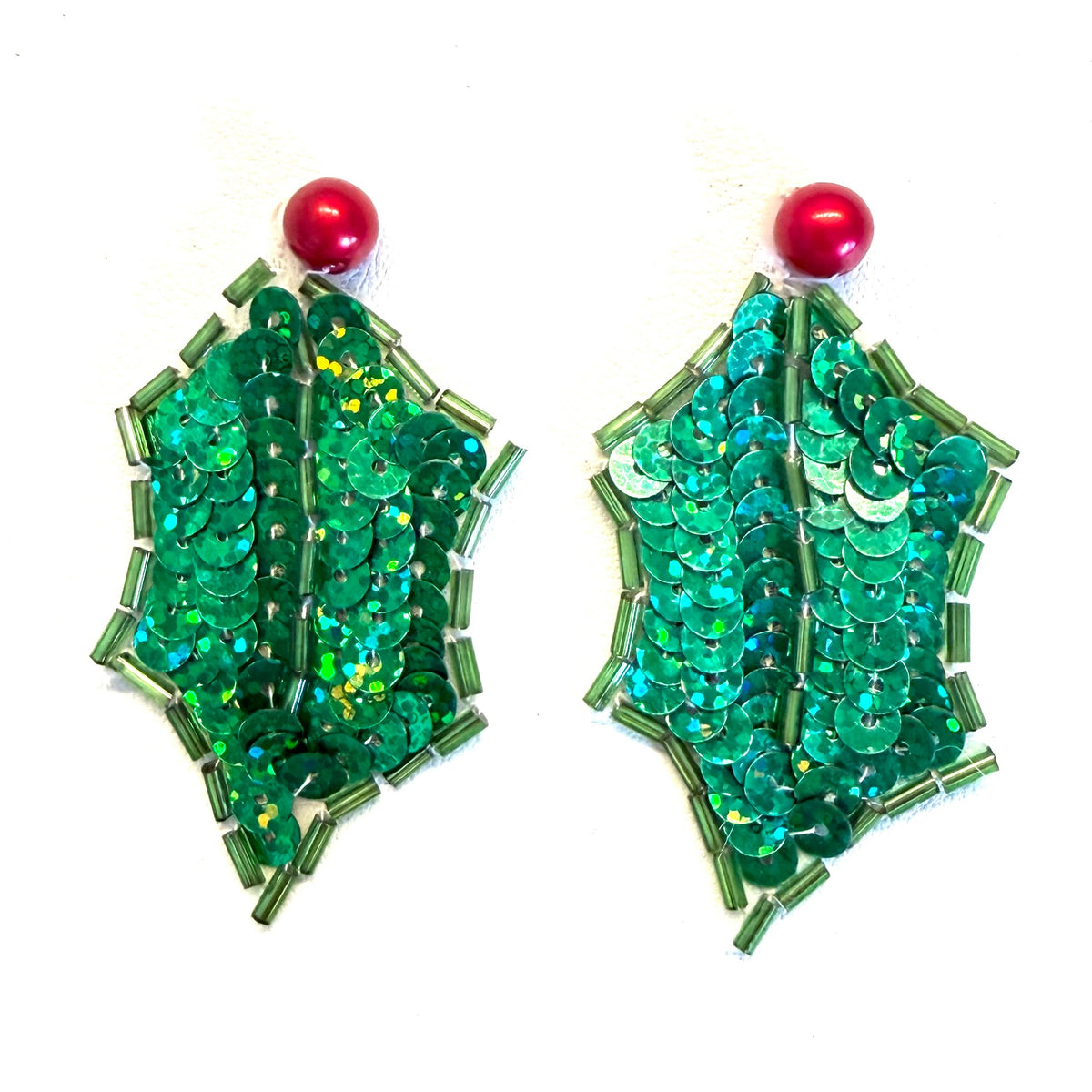 Holly Berry Leaf Sequin & Bead Appliqué - 2.25" x 1.5" - Singles or Pairs