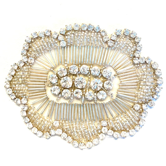 Rhinestone Flower Appliqué with Silver Beads, 4.25″ × 3.5″