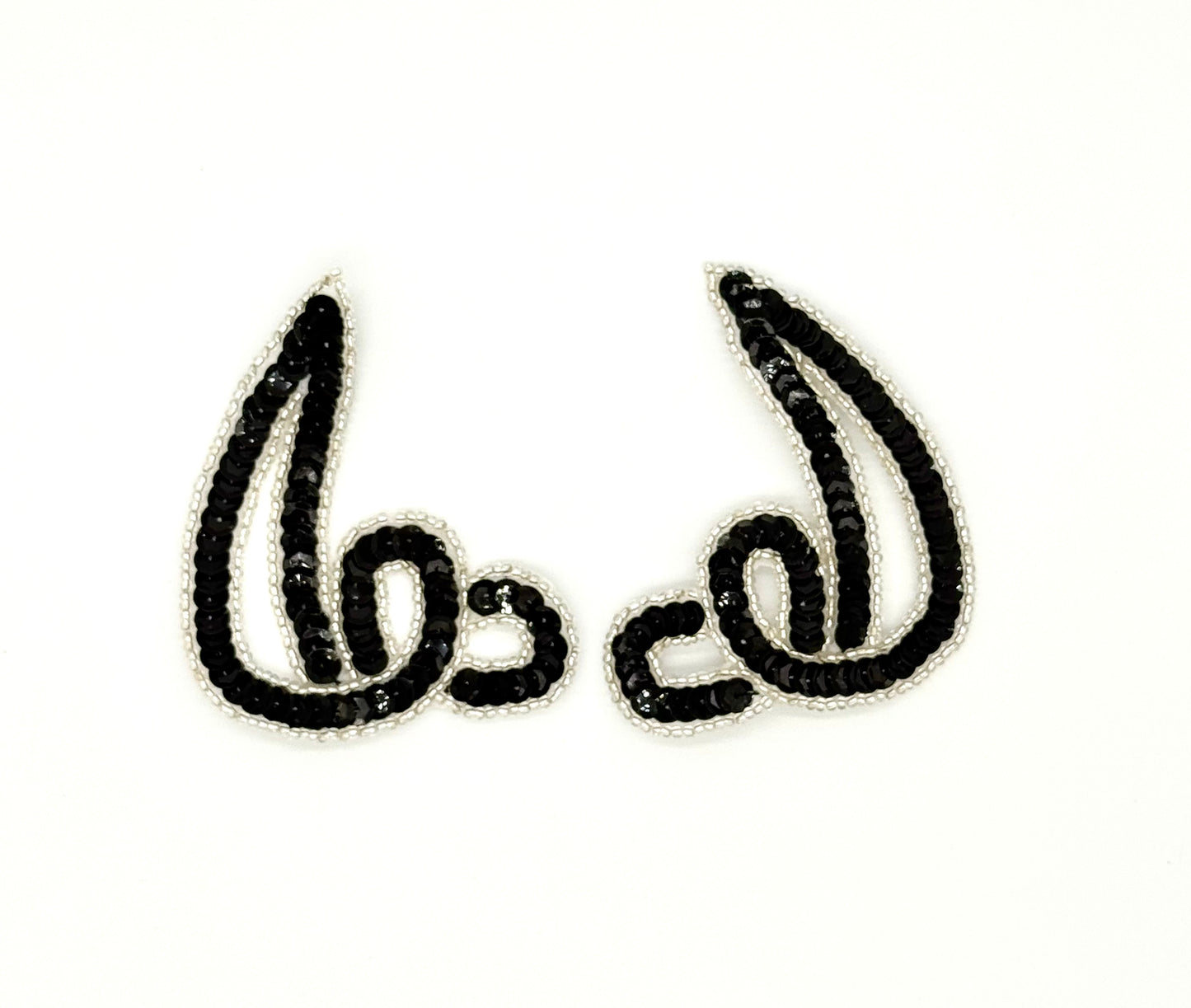 Designer Motif Swirl Pair with Black Sequins and Silver Beads 3.5”x 3”