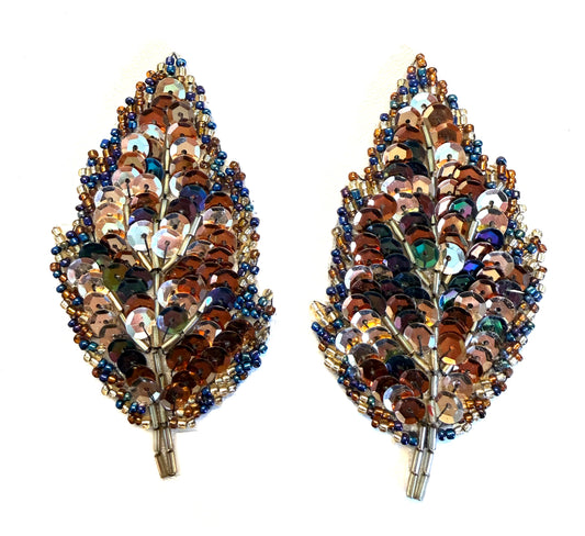 Multicolor Bronze Beaded Leaf Appliqué Pair, 3.75" x 1.75"