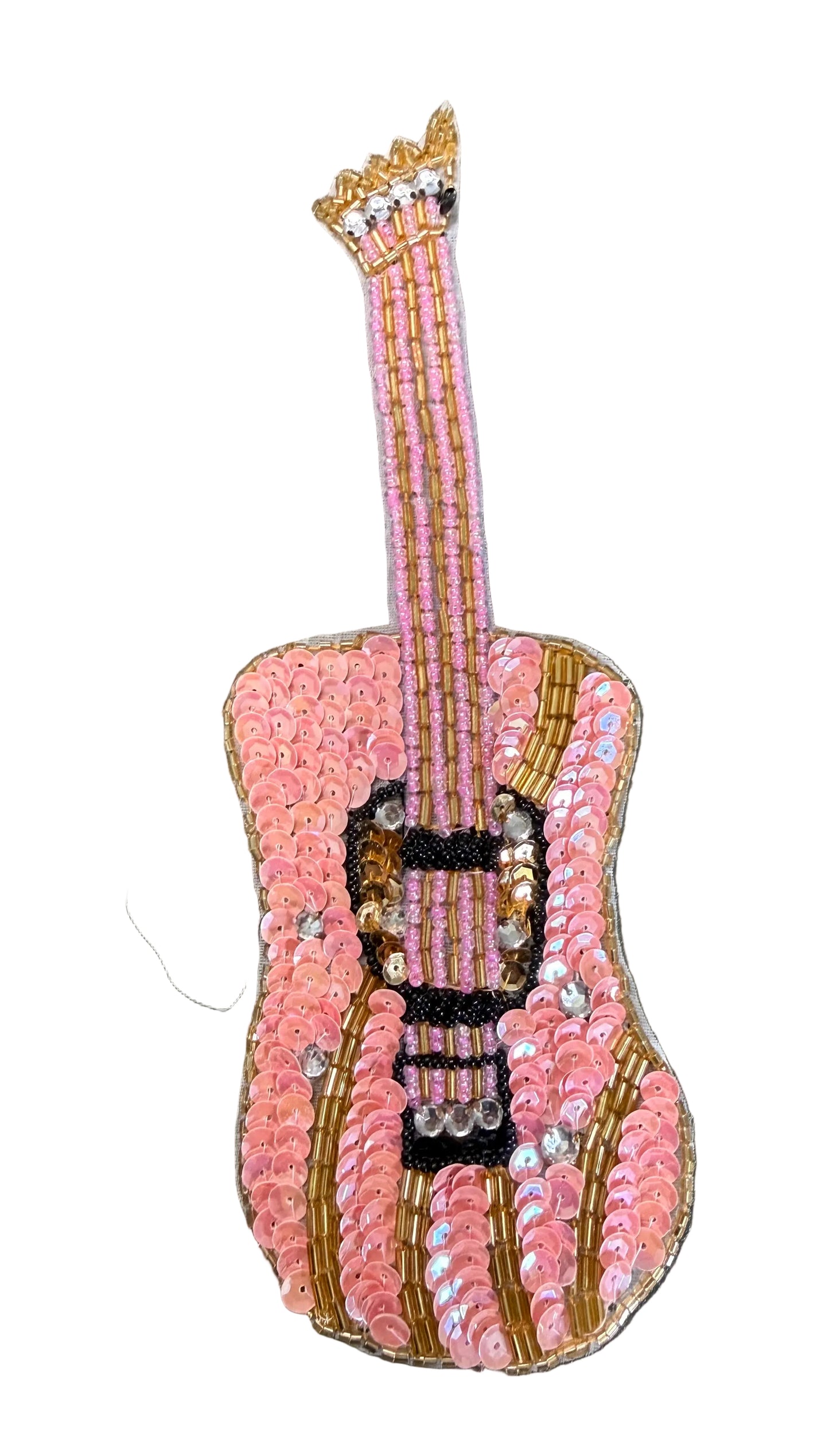 Aplique de guitarra hecho a mano con lentejuelas y cuentas rosas de 8.5" x 3"