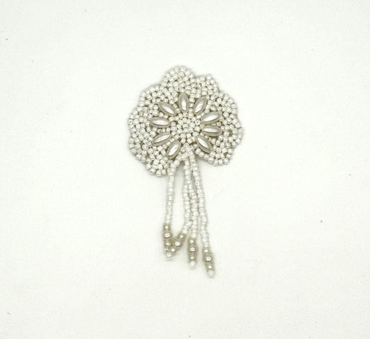 Epaulet Flower Motif - White Beaded 3" x 2"
