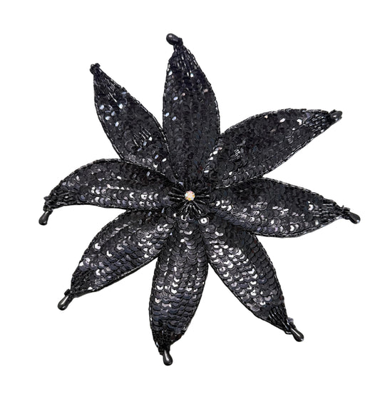 Flor con cuentas y lentejuelas negras con pedrería de 22,86 cm x 22,86 cm