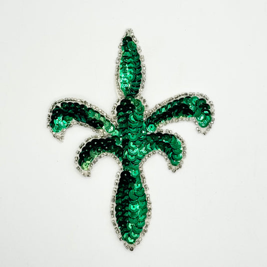 Fleur de lis with Emerald Green Sequins and Silver Beads 5" x 4"