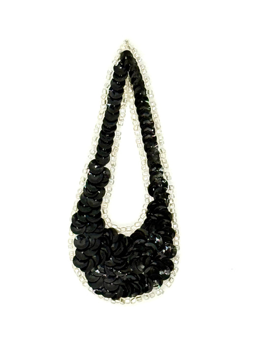 Diseño con motivo de lágrima grande - Lentejuelas negras - Adorno de cuentas plateadas de 35,5 cm x 3,8 cm