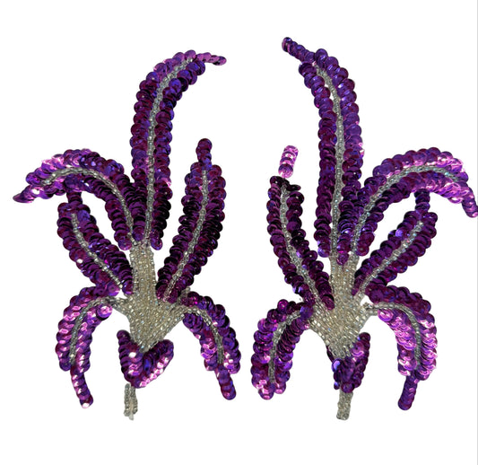 Leaf Appliqué Pair – Purple Sequins - Glass Beads  | 6" x 4"