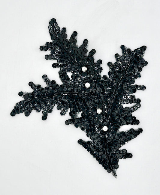 Leaf Motif with Black Sequins and Rinestones 7" x 6"
