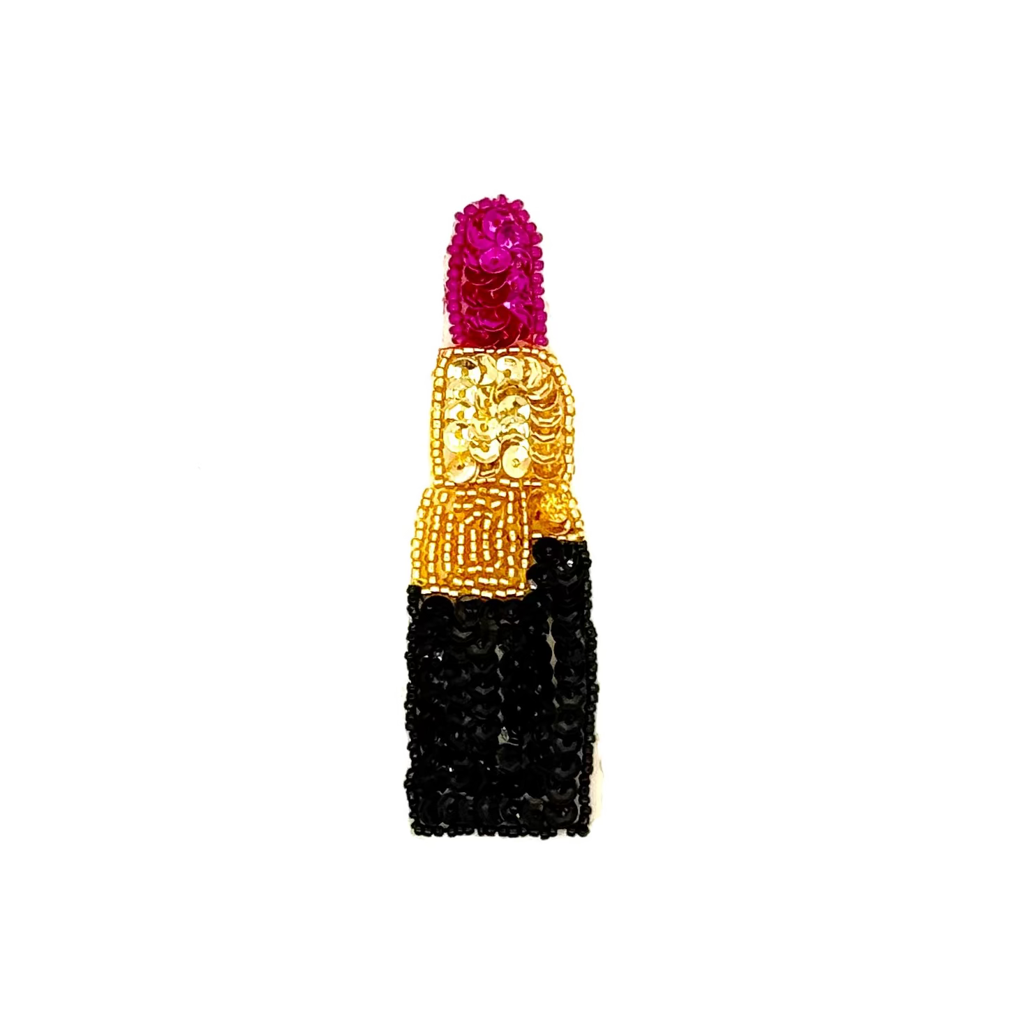 Sequin and bead lipstick with Fuchsia top, gold middle, and black bottom on a white background